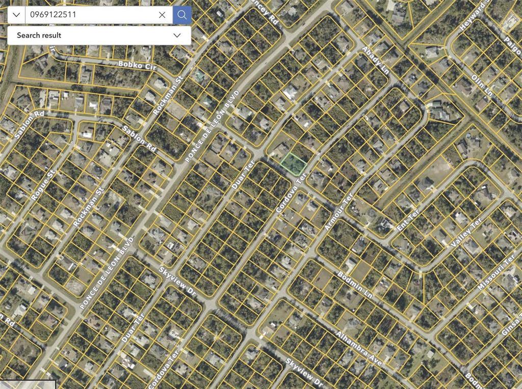This is an aerial map view of a residential neighborhood with highlighted property boundaries — CORDOVA TERRACE, NORTH PORT, FL
