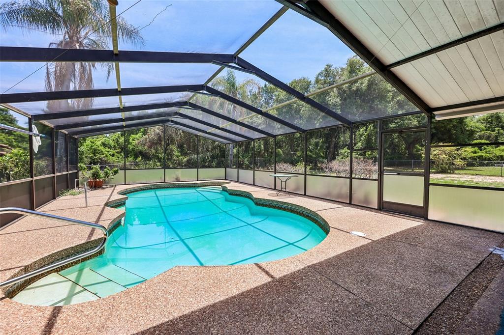 A screened-in swimming pool with a textured concrete deck and a metal roof structure — 5234 MAGNOLIA TERRACE, FRUITLAND PARK, FL