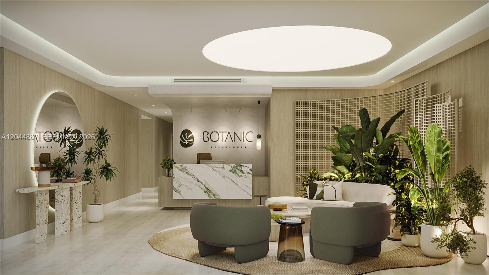 This rendering shows a modern lobby with a marble reception desk and lounge seating area — 758 NW 2nd St # 409, Miami FL 33128, MIAMI, FL