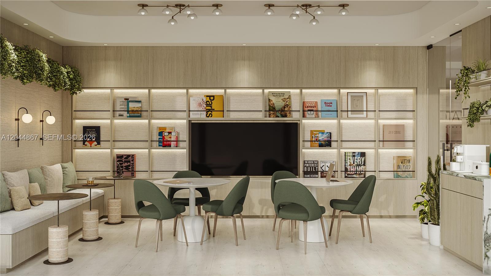 This rendering shows a modern lounge area with built-in shelving, two round tables, and chairs — 758 NW 2nd St # 409, Miami FL 33128, MIAMI, FL