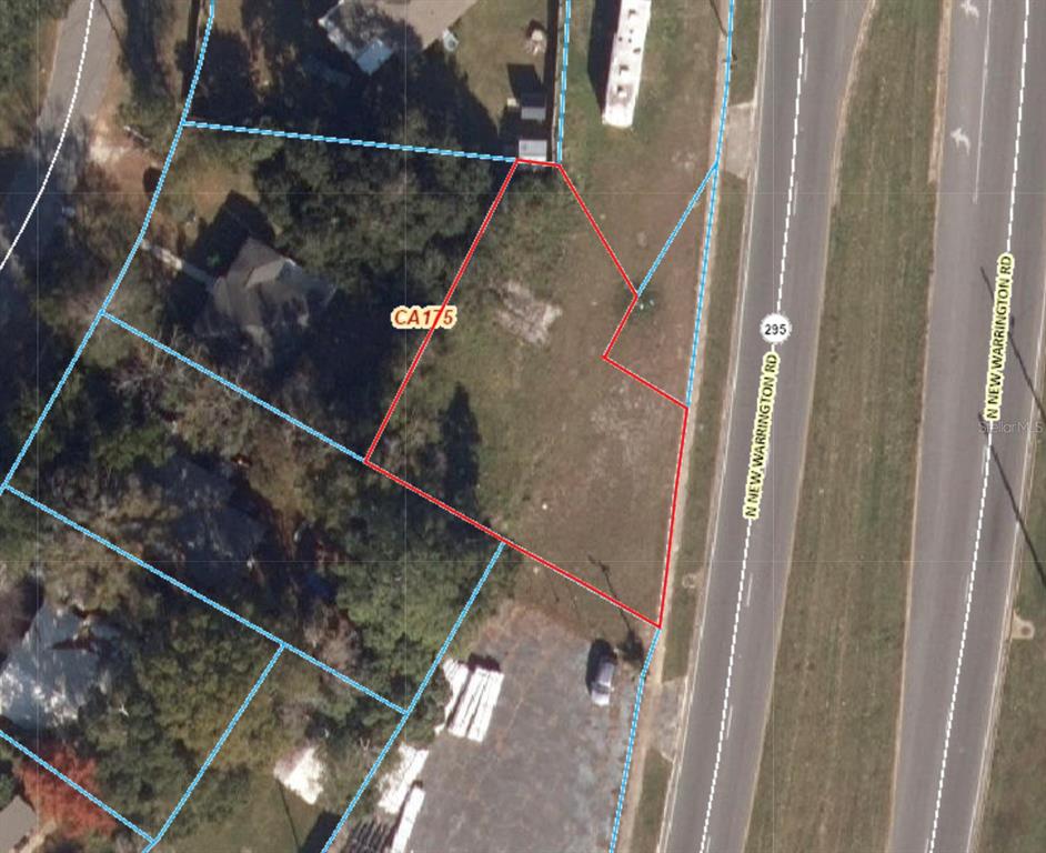This is an aerial map showing a vacant lot outlined in red along a roadway — 800 N NEW WARRINGTON ROAD, PENSACOLA, FL