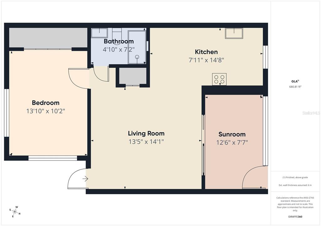 This is a floor plan showing a one-bedroom apartment layout with a kitchen and sunroom — 6006 MIDNIGHT PASS ROAD UNIT 51, SARASOTA, FL
