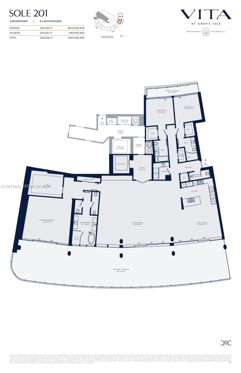This is a floor plan for a three-bedroom, three-and-a-half-bathroom residential unit — 5 Grove Isle Dr # S201, Miami FL 33133, MIAMI, FL