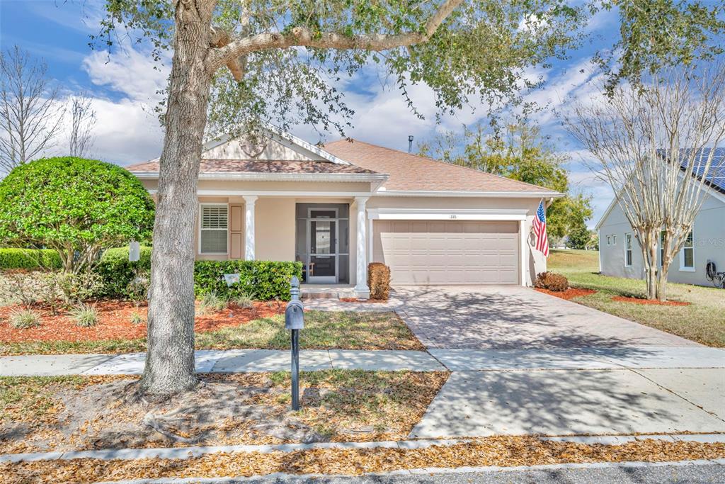 A single-story house with a beige stucco exterior, a two-car garage, and a paved driveway — 115 SALT MARSH LANE, GROVELAND, FL