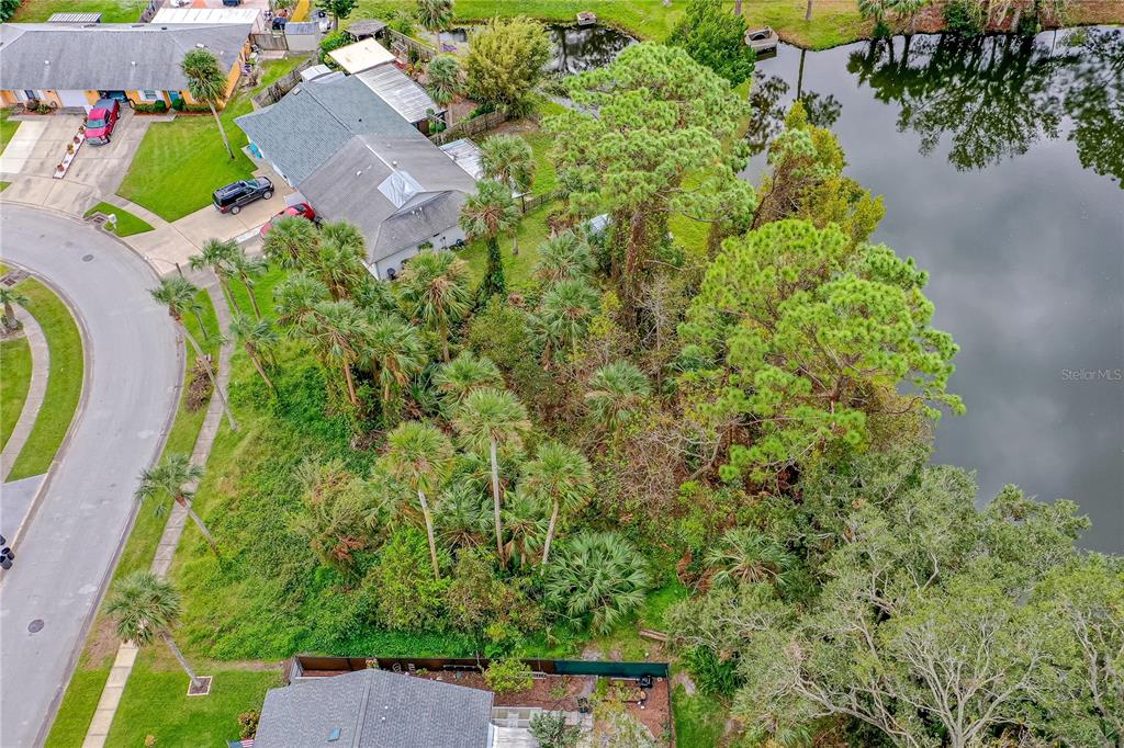An aerial view shows a residential lot with dense vegetation situated between two houses and a lake — TBD TUMBLEWEED TRAIL, PORT ORANGE, FL