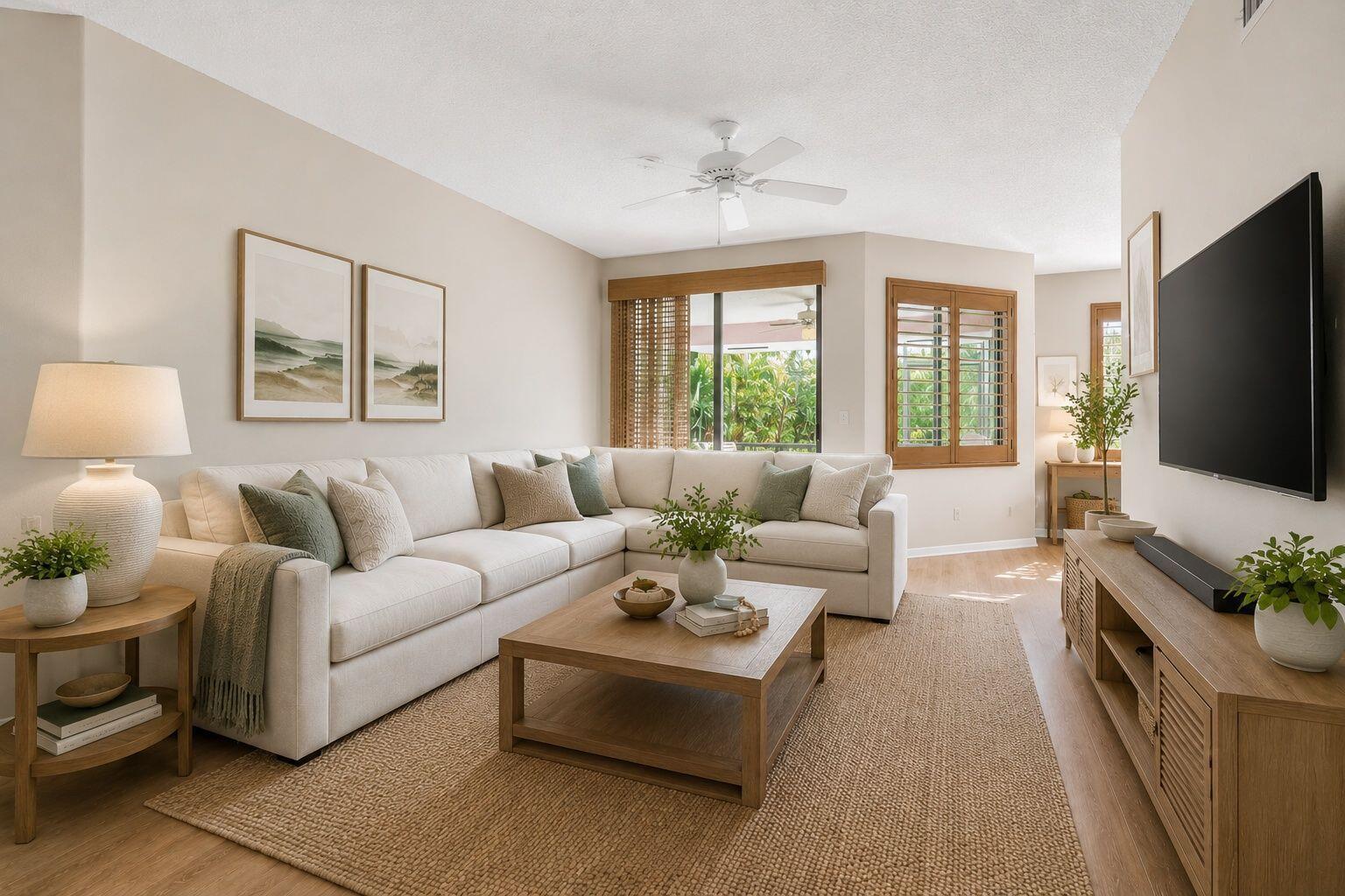 A living room features a beige sectional sofa, wood coffee table, and a wall-mounted television — 301 Sea Oats Drive # A, Juno Beach FL 33408, JUNO BEACH, FL