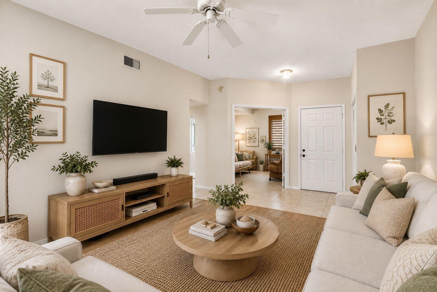 A living room features a beige sofa, wooden coffee table, media console, and a ceiling fan — 301 Sea Oats Drive # A, Juno Beach FL 33408, JUNO BEACH, FL