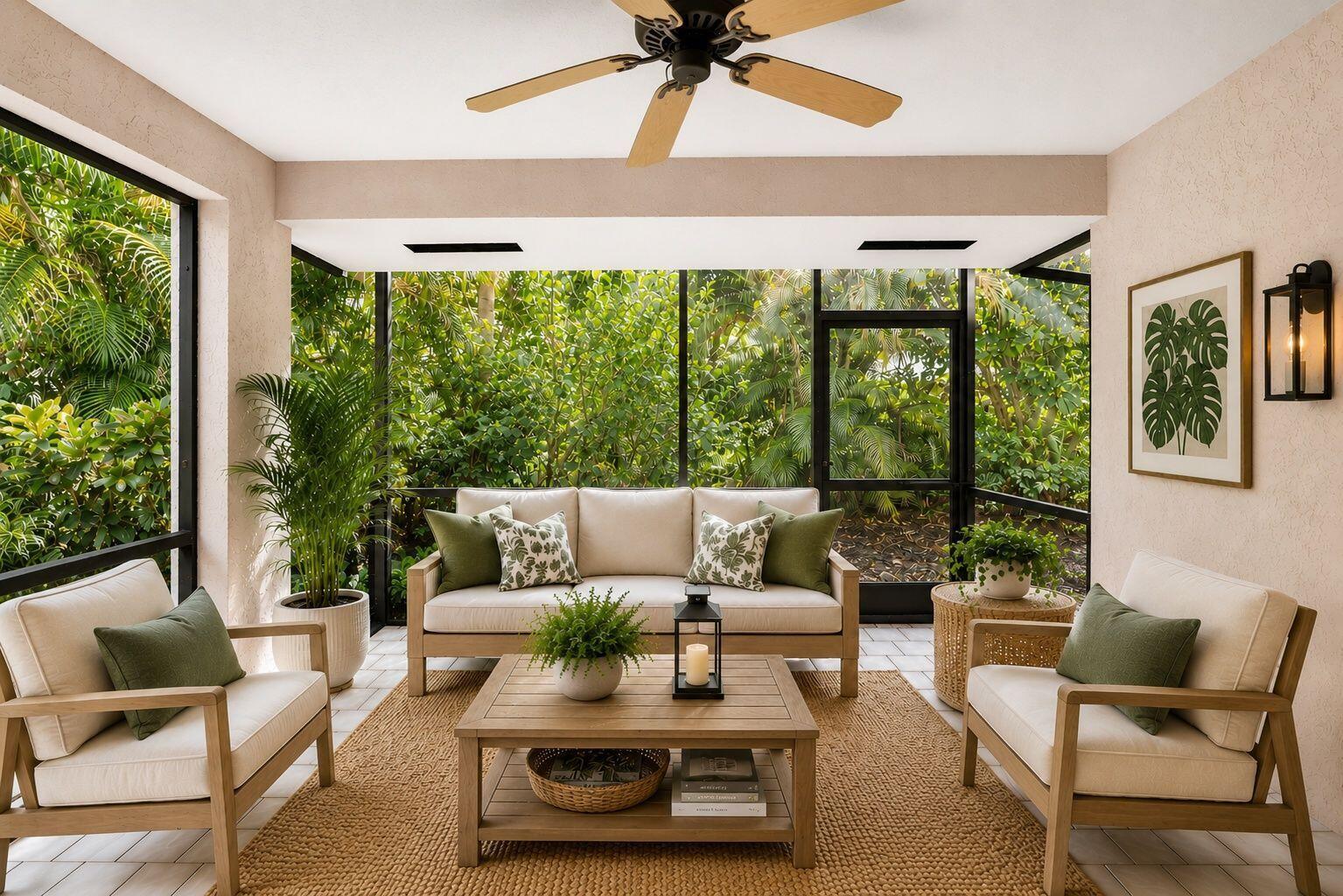 A screened-in patio features light wood furniture, a jute rug, and lush green foliage outside — 301 Sea Oats Drive # A, Juno Beach FL 33408, JUNO BEACH, FL
