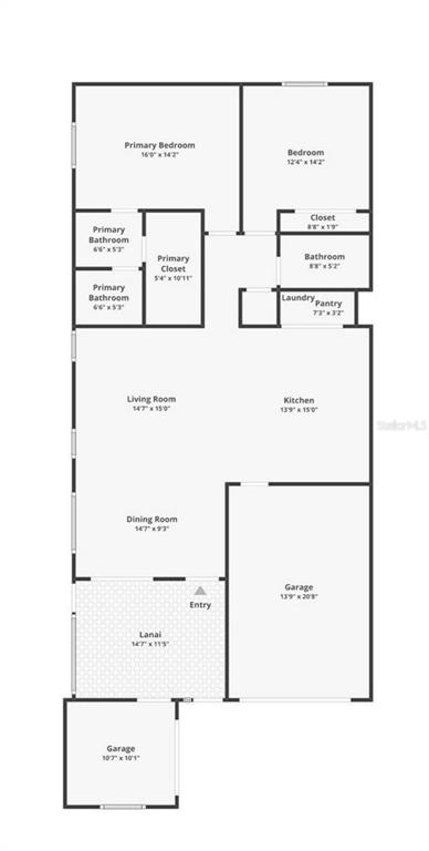 This is a floor plan showing a home with two bedrooms, two bathrooms, a lanai, and two garages — 1599 OLIVIA TERRACE, THE VILLAGES, FL