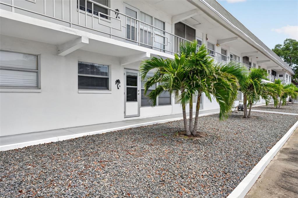 A white two-story apartment building features a gravel yard with palm trees in front — 1221 DREW STREET UNIT A5, CLEARWATER, FL