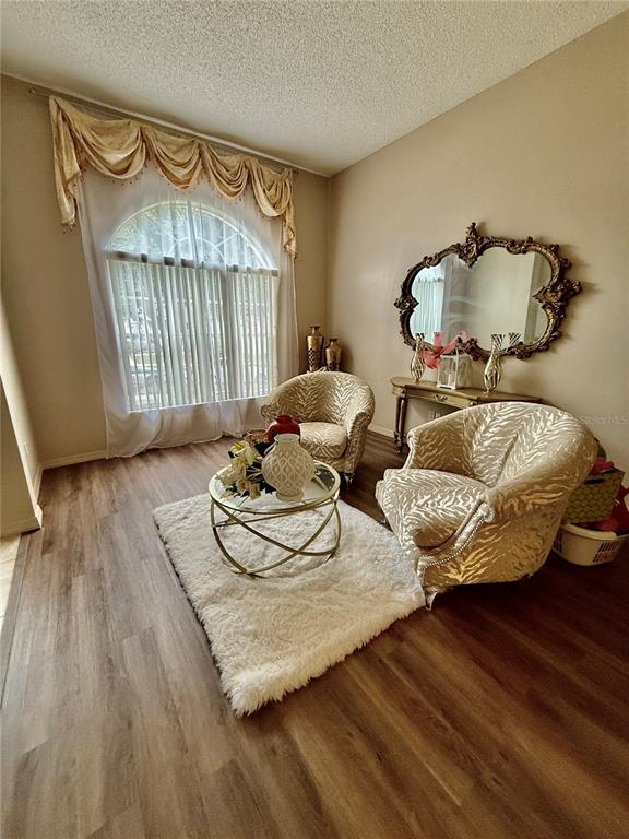 A living room features two patterned armchairs, a glass coffee table, and an ornate wall mirror — 1748 FLORENCE VISTA BOULEVARD, ORLANDO, FL