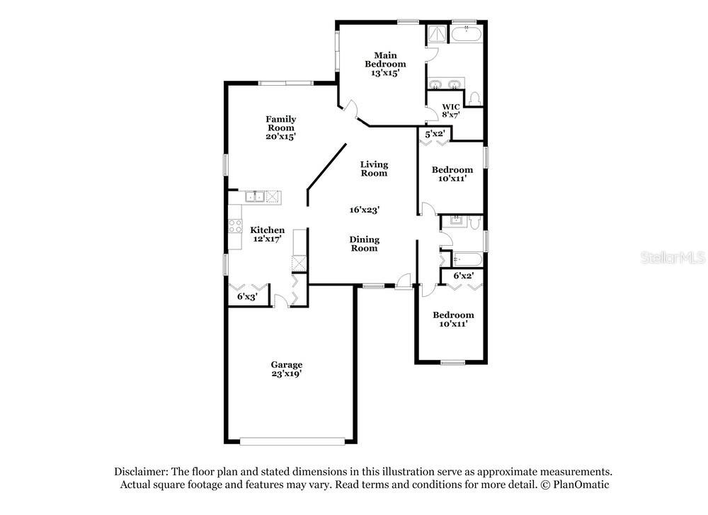 This is a floor plan showing a house layout with a garage, kitchen, and three bedrooms — 1010 CRISTELLE JEAN DRIVE, RUSKIN, FL