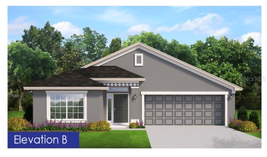 This is a digital rendering of a single-story house with a gray exterior and garage — 12976 KENT BRADLEY STREET, DADE CITY, FL