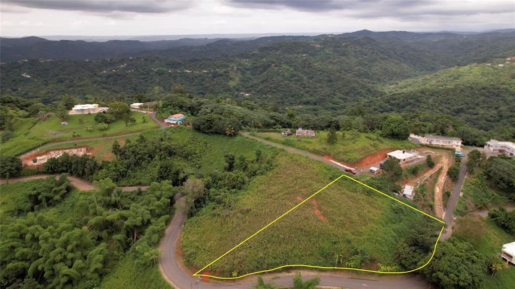 An aerial view shows a vacant, grassy plot of land outlined in yellow near a road — SR-108 KM 11.3 CAMINO ALDEBOL SECTOR PABLO DIAZ BARRIO LEGUIZAMO, MAYAGUEZ, PR