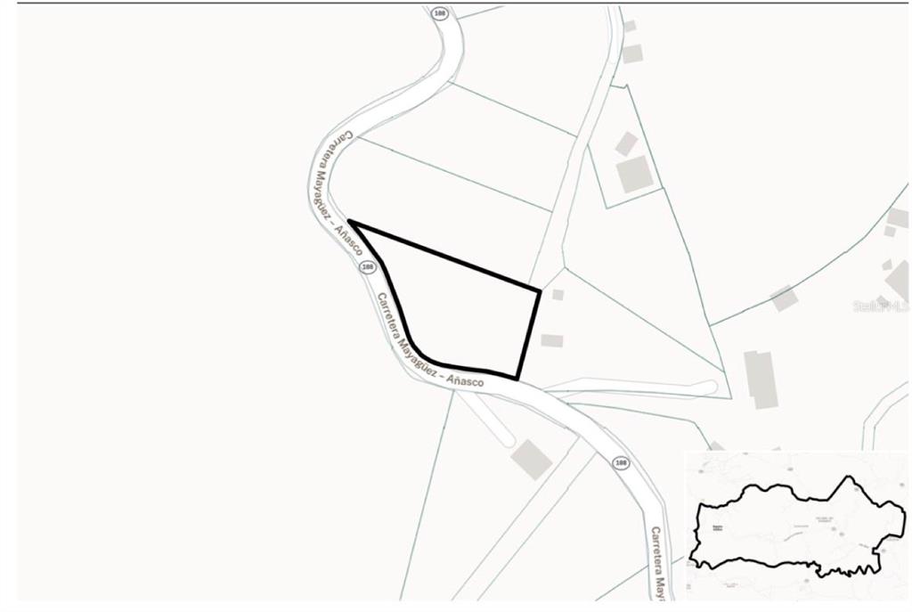 This is a map showing a property boundary highlighted in black along a road — SR-108 KM 11.3 CAMINO ALDEBOL SECTOR PABLO DIAZ BARRIO LEGUIZAMO, MAYAGUEZ, PR