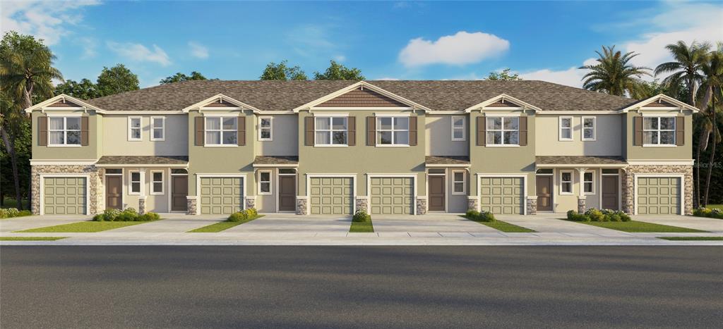 This is a digital rendering of a multi-unit townhouse building with attached garages — 32558 MIDSUMMER NIGHT LANE, WESLEY CHAPEL, FL