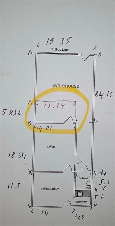 This is a floor plan of a commercial unit featuring a warehouse, offices, and bathroom — 1211 HAMLET AVENUE UNIT B, CLEARWATER, FL
