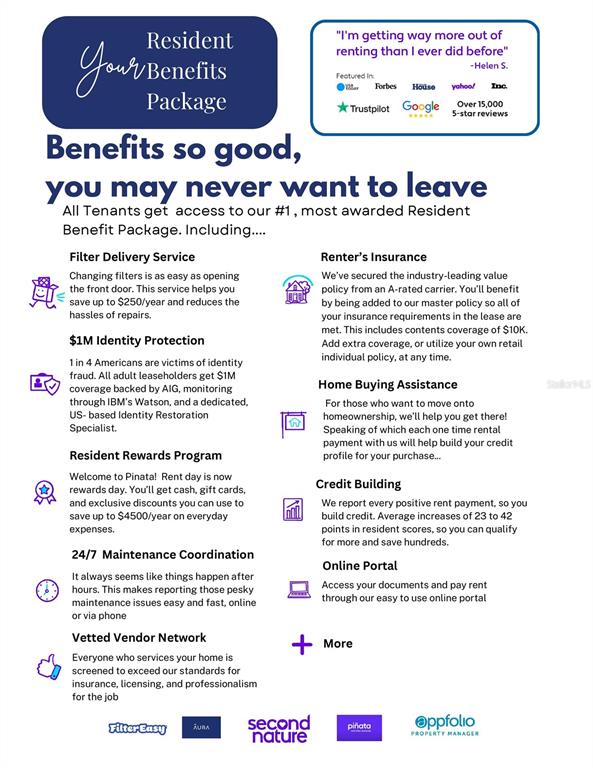This is an informational flyer detailing the features and benefits of a resident package — 1409 BENT OAKS BOULEVARD, DELAND, FL