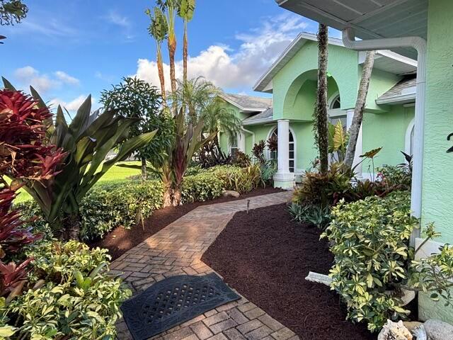 A brick walkway leads to the entrance of a light green house with tropical landscaping — 246 SE Ashley Oaks Way, Stuart FL 34997, STUART, FL