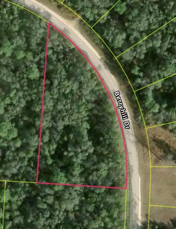 An aerial map view shows a wooded, triangular-shaped plot of land bordering Berryhill Drive — 34275 BERRYHILL DRIVE, WEBSTER, FL