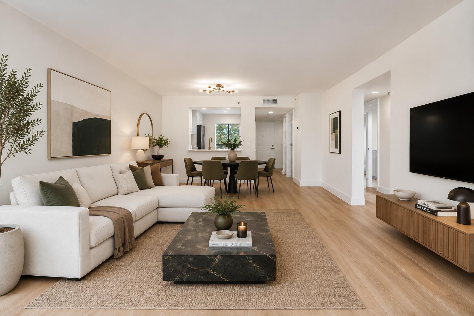 A modern living and dining room features a sectional sofa, marble coffee table, and wood flooring — 7290 Kinghurst Drive # 301, Delray Beach FL 33446, DELRAY BEACH, FL