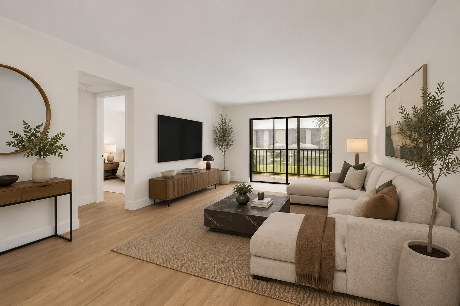 This rendering shows a modern living room with a sectional sofa, television, and balcony access — 7290 Kinghurst Drive # 301, Delray Beach FL 33446, DELRAY BEACH, FL