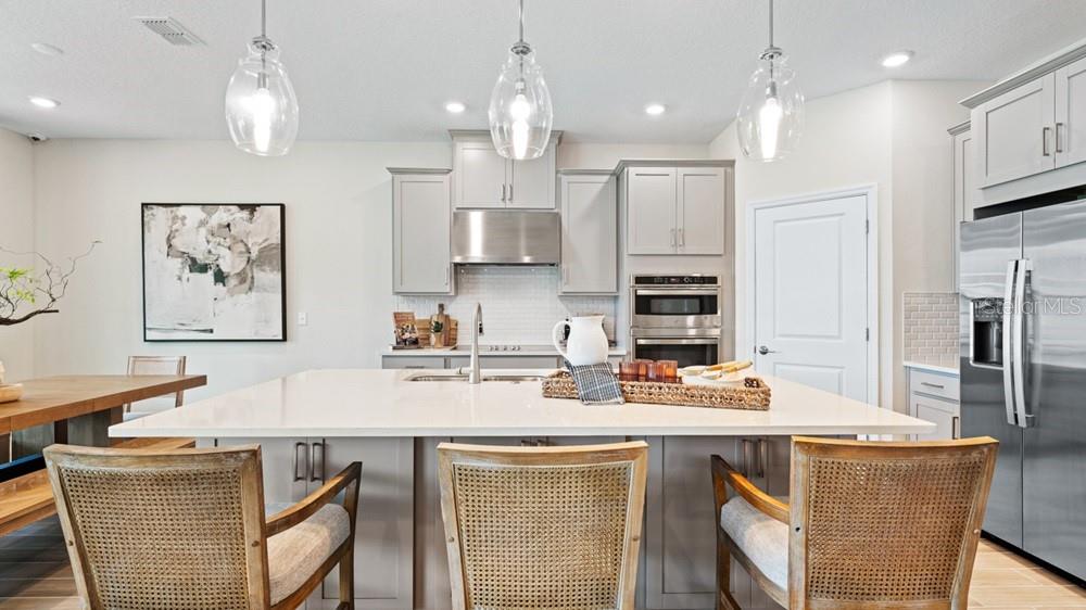 A modern kitchen features gray cabinets, white quartz countertops, stainless steel appliances, and wood-look flooring — 12525 WHARF TERRACE, PALMETTO, FL