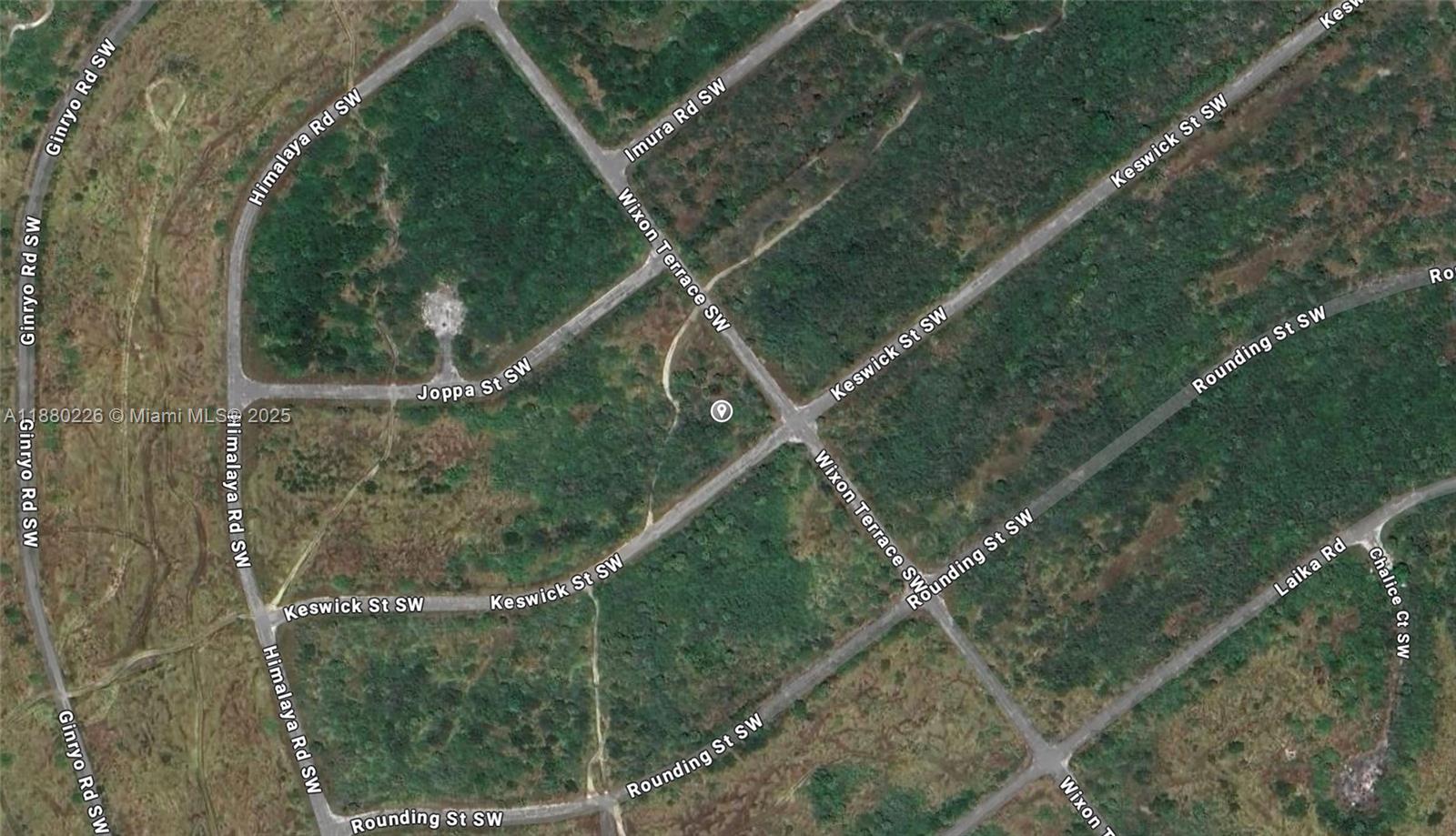 This is an aerial map view of a network of undeveloped streets in a wooded area — 967 SW Keswick St, Malabar FL 32908, MALABAR, FL