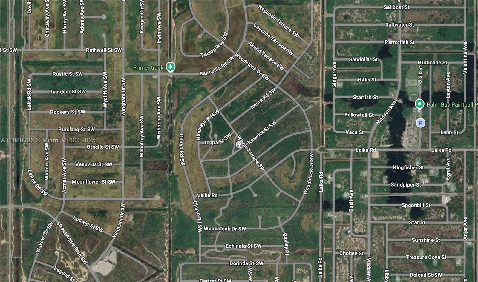 This is a satellite map view of a residential area with various street names — 967 SW Keswick St, Malabar FL 32908, MALABAR, FL