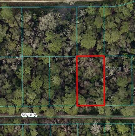 This is an aerial map showing a rectangular plot of land outlined in red — TBD SW 18TH PLACE, OCALA, FL