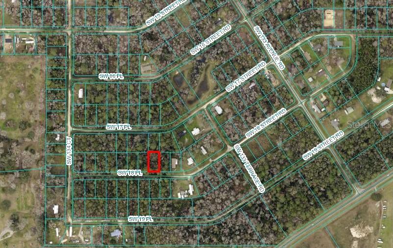 This is an aerial map showing a highlighted rectangular land parcel within a residential neighborhood — TBD SW 18TH PLACE, OCALA, FL