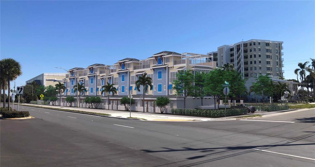 This is a digital rendering of a multi-story residential building with blue siding and balconies — 265 CAUSEWAY BOULEVARD, DUNEDIN, FL