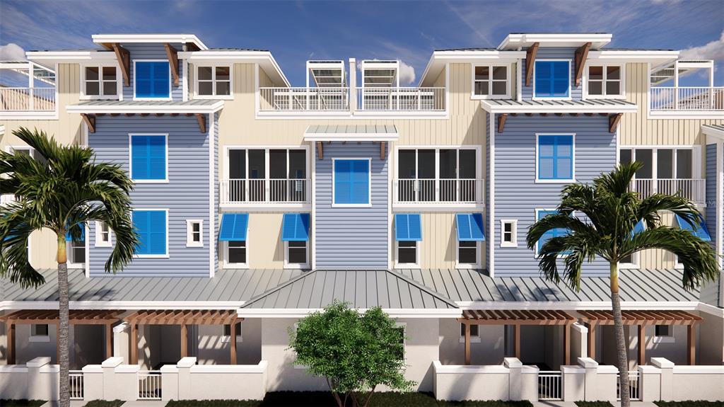A digital rendering of a multi-story townhouse exterior with blue siding and a metal roof — 265 CAUSEWAY BOULEVARD, DUNEDIN, FL