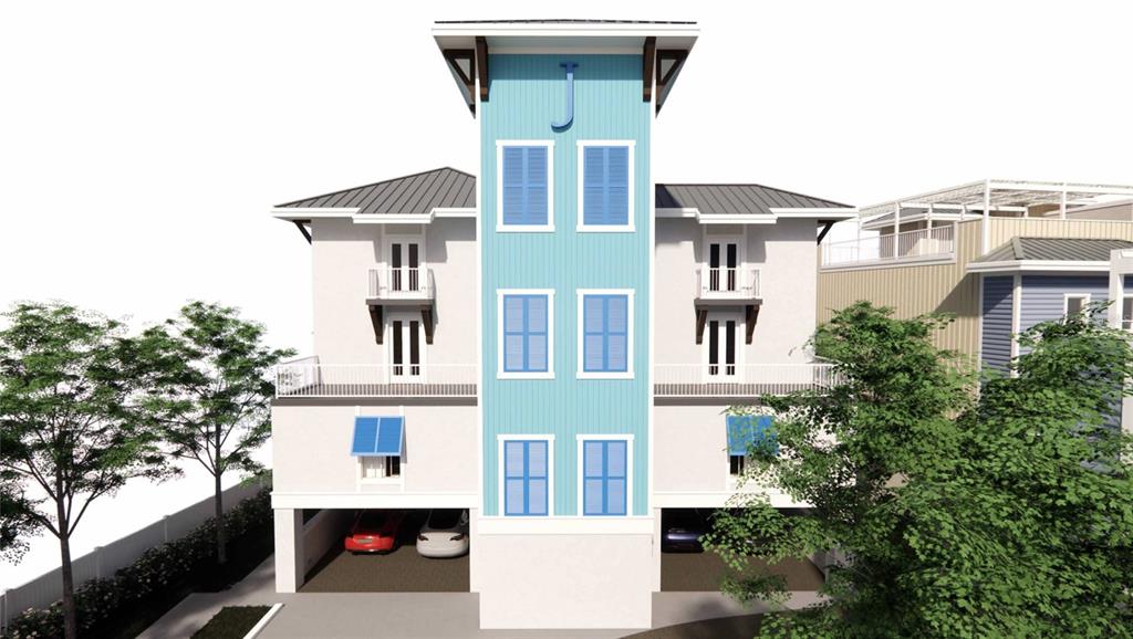 This is a digital rendering of a three-story coastal home with a central blue tower — 265 CAUSEWAY BOULEVARD, DUNEDIN, FL