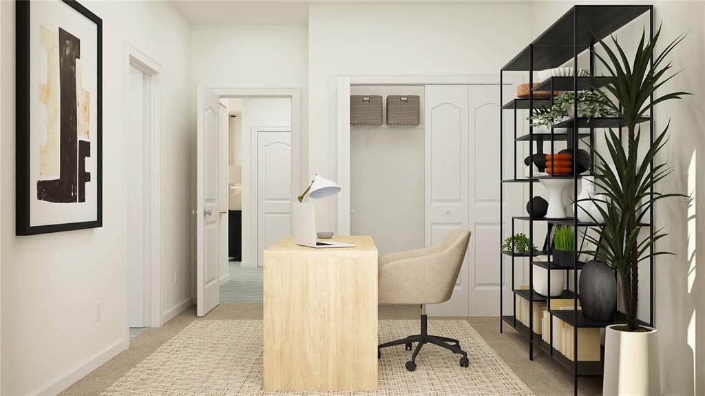 This is a digital rendering of a home office featuring a desk, shelving, and closet — 8731 SW 67TH CIRCLE, OCALA, FL