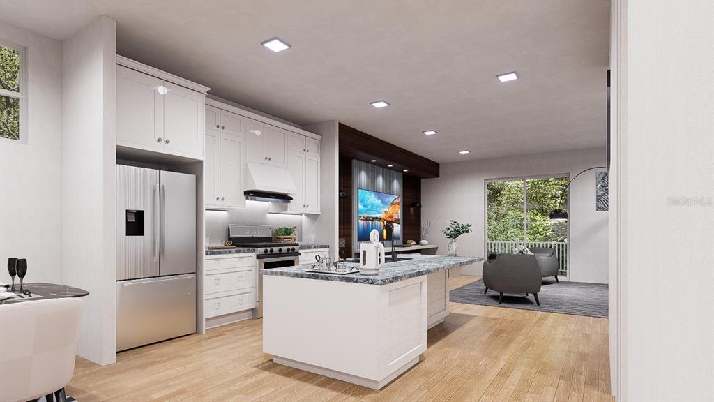 This is a digital rendering of a modern open-concept kitchen and living area — 537 PINELOCH DRIVE, HAINES CITY, FL