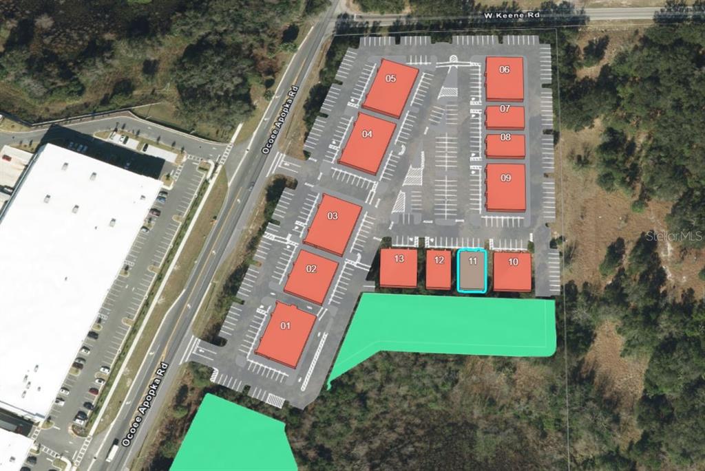 This is an aerial site plan rendering of a commercial property with multiple buildings — 2775 OCOEE APOPKA ROAD UNIT 11, APOPKA, FL