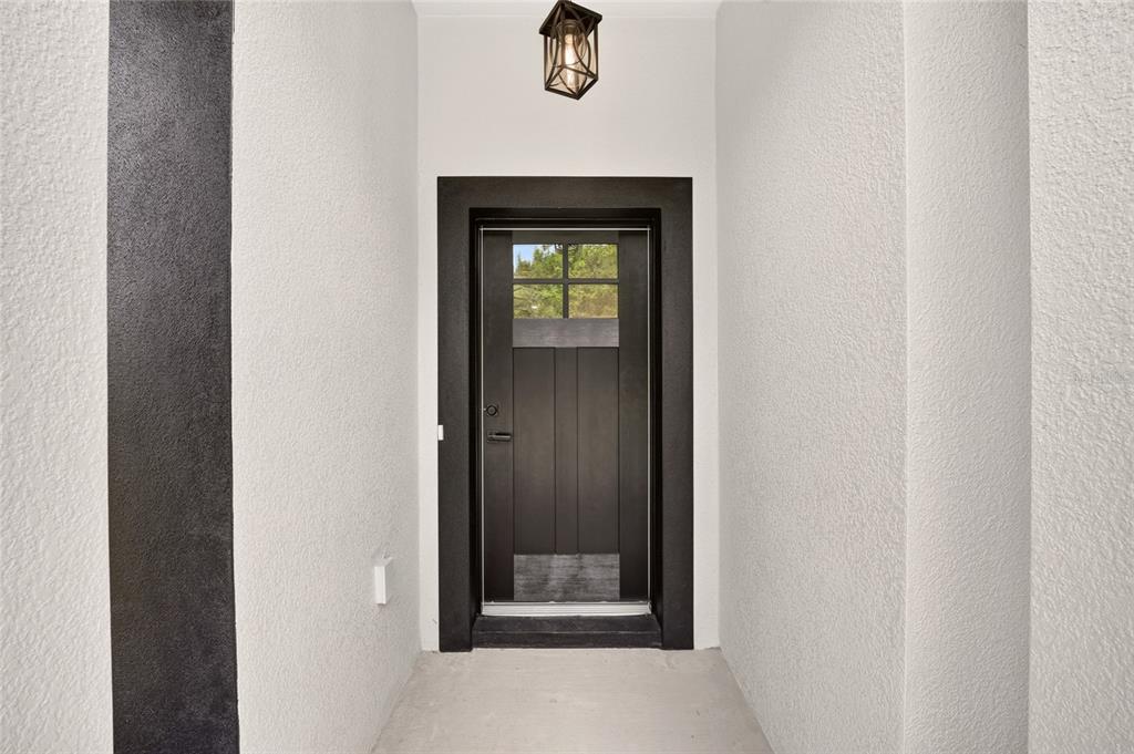 A modern front entryway features a dark door with a window and black trim — 1 WALNUT DRIVE, OCALA, FL