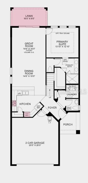 This is a floor plan of a home featuring a two-car garage, kitchen, and primary suite — 11743 SOFT MEADOW MEWS, SAN ANTONIO, FL