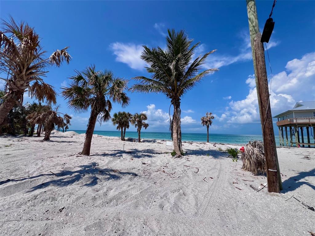 A sandy beach with several palm trees and a stilt house under a blue sky — 8438 LITTLE GASPARILLA ISLAND, PLACIDA, FL