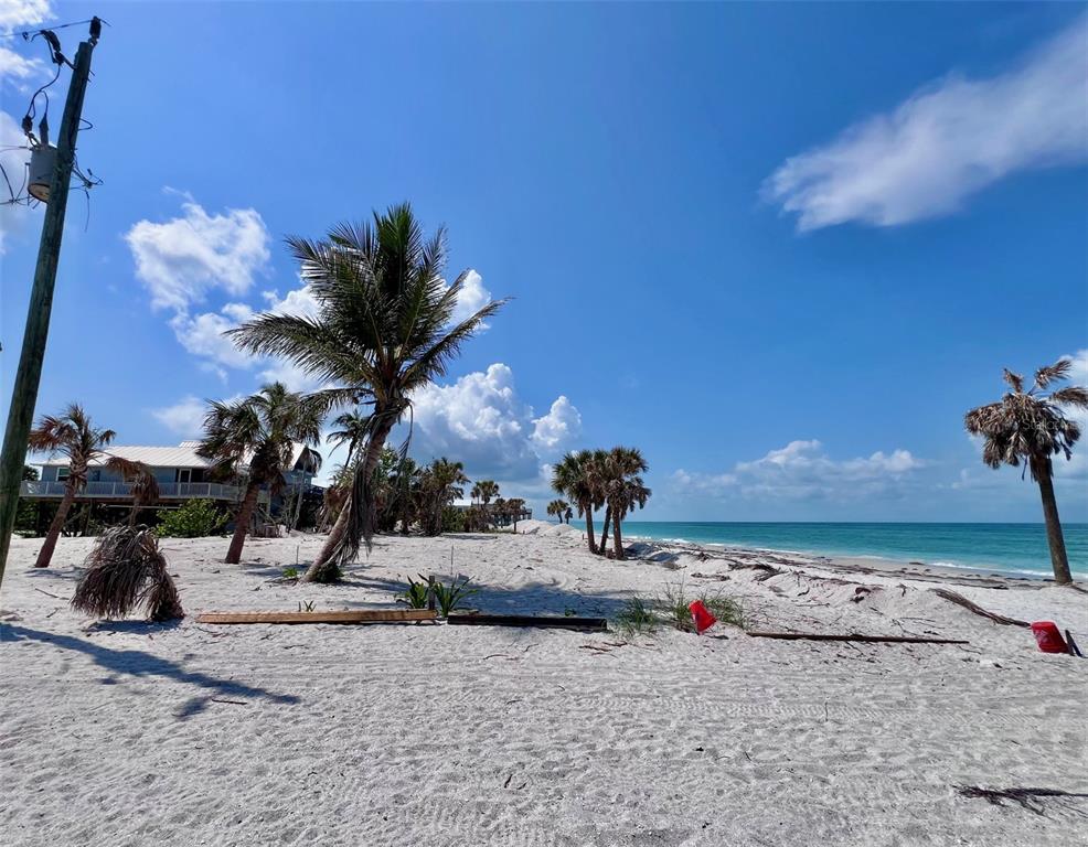 A sandy beach with palm trees and a house in the background under a blue sky — 8438 LITTLE GASPARILLA ISLAND, PLACIDA, FL