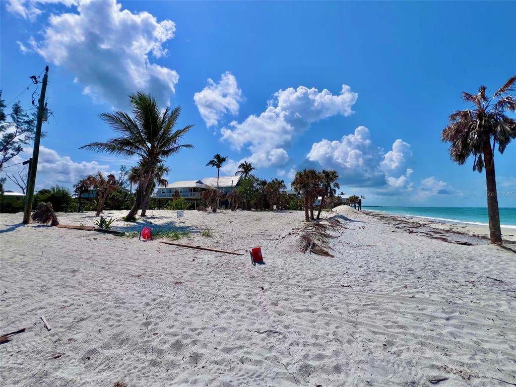 A sandy beach leads toward palm trees and elevated houses under a bright blue sky — 8438 LITTLE GASPARILLA ISLAND, PLACIDA, FL