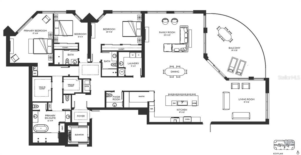 This floor plan shows a luxury apartment layout with three bedrooms, a large balcony, and an elevator — 290 COCOANUT AVENUE UNIT 703, SARASOTA, FL