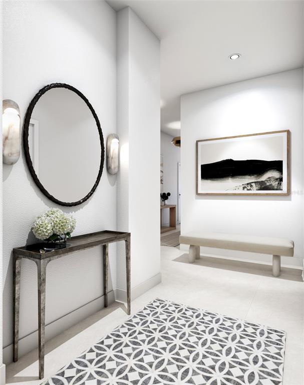 This rendering shows a modern entryway with a console table, circular mirror, and bench — 290 COCOANUT AVENUE UNIT 703, SARASOTA, FL