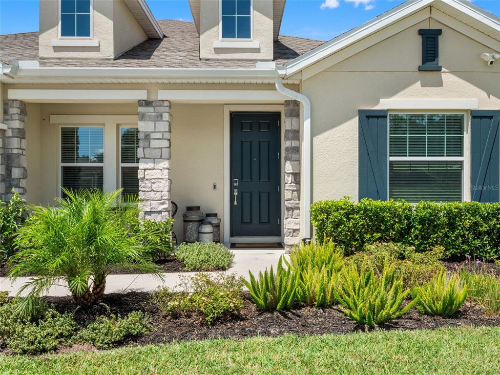 The exterior of a house features a dark front door, stone accents, and landscaping — 5764 ALENLON WAY, MOUNT DORA, FL