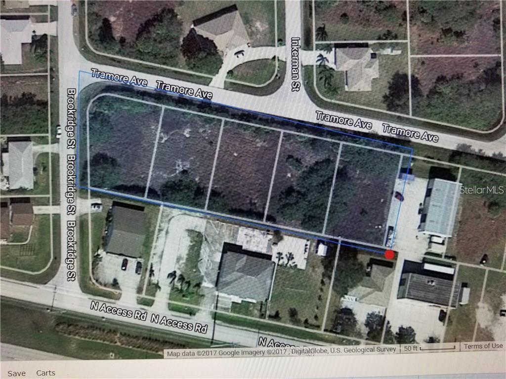 An aerial map view shows a rectangular plot of vacant land bordered by residential streets — 10043-10075 TRAMORE AVENUE, ENGLEWOOD, FL