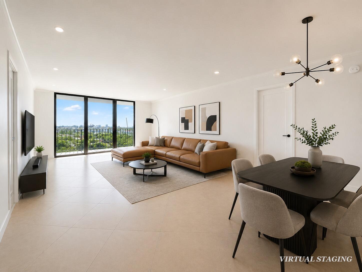A virtually staged living and dining area featuring a tan leather sectional and tile flooring — 3460 S Ocean Boulevard # 608, Palm Beach FL 33480, PALM BEACH, FL
