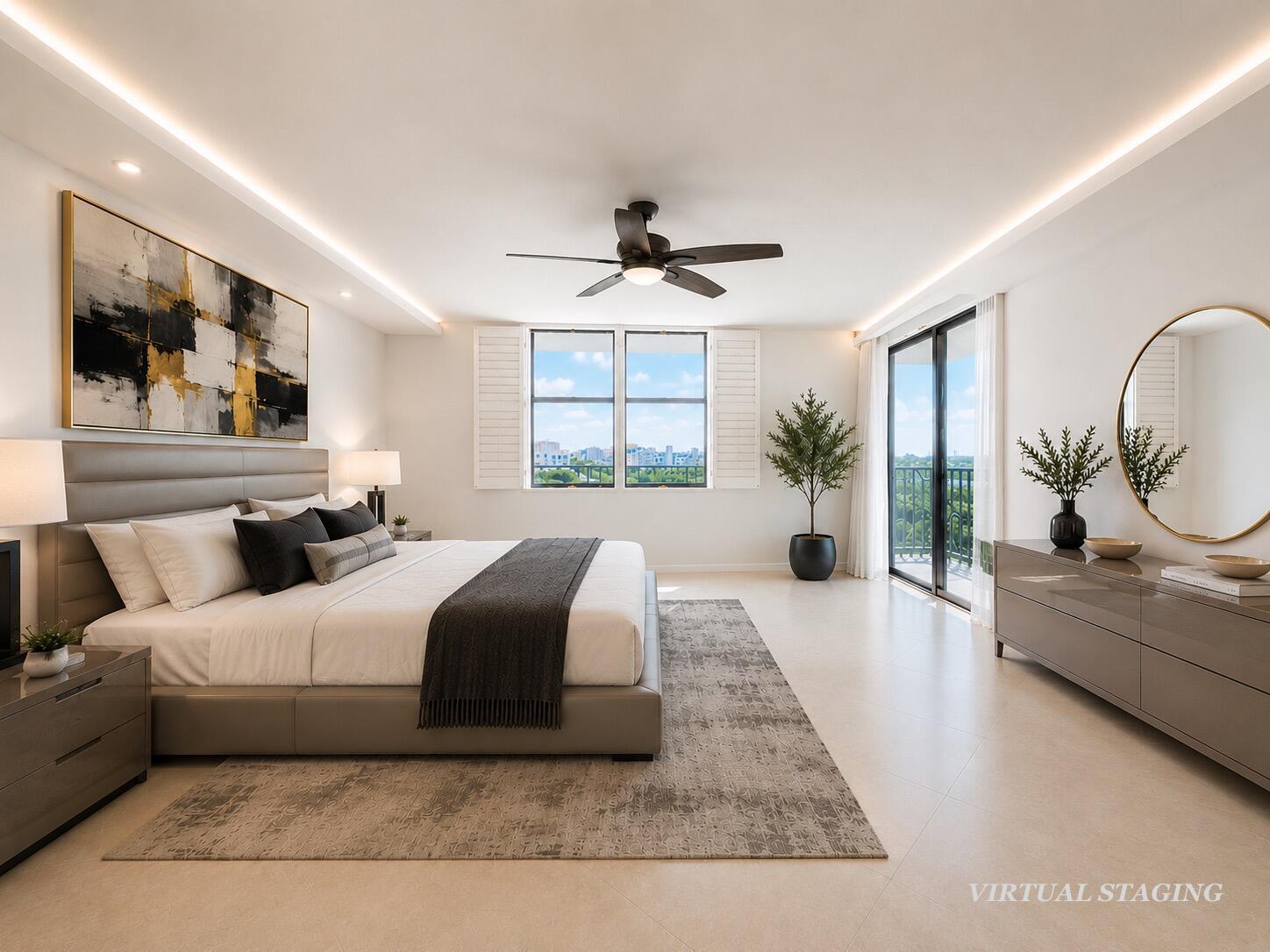 A modern bedroom features a king bed, gray furniture, a ceiling fan, and balcony access — 3460 S Ocean Boulevard # 608, Palm Beach FL 33480, PALM BEACH, FL