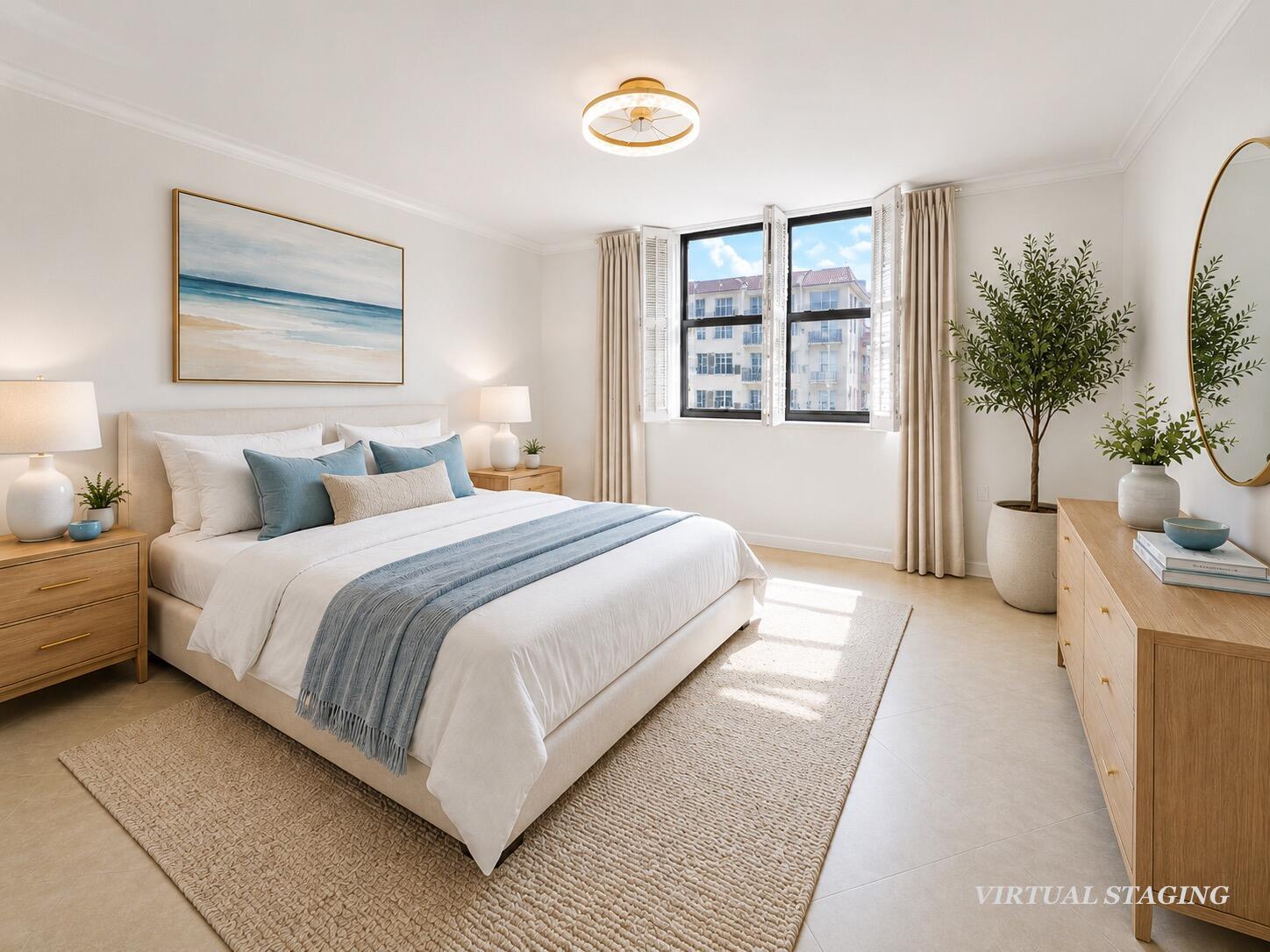 A bright, virtually staged bedroom features a king bed, light wood furniture, and a window view — 3460 S Ocean Boulevard # 608, Palm Beach FL 33480, PALM BEACH, FL