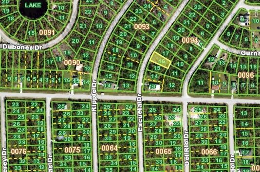 This is an aerial map showing residential lots and streets in a suburban neighborhood — 12260 ESCUELA DRIVE, PUNTA GORDA, FL